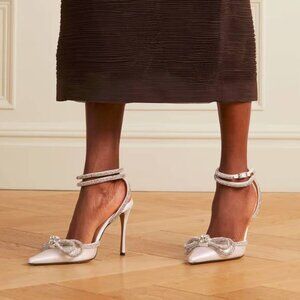 MACH & MACH Double Bow 110 White Silk-Satin Crystal-Embellished Heels